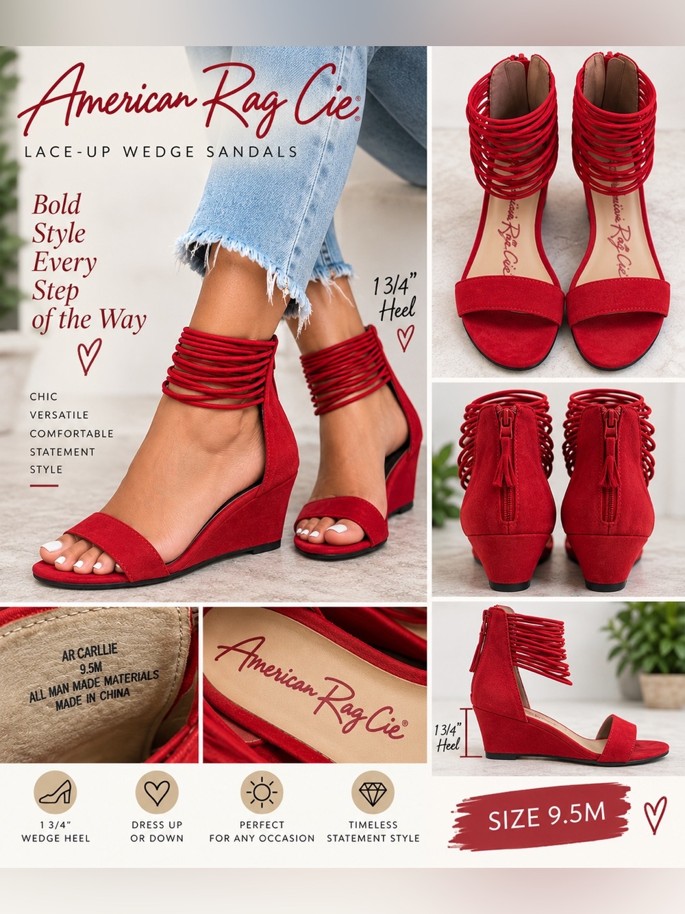 American Rag Cie Red Suede Lace-Up Wedge Sandals – Size 9.5M